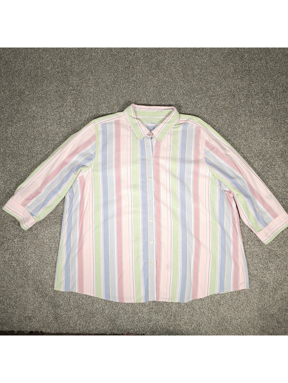 LL Bean Womens 3X Pastel Pink Blue Green Vertical Stripe Oxford Button Down